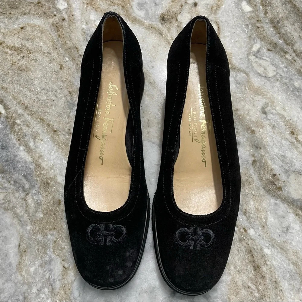 Salvatore Ferragamo Black Suede Shoes Embroidered Logo UK 5 1/2
